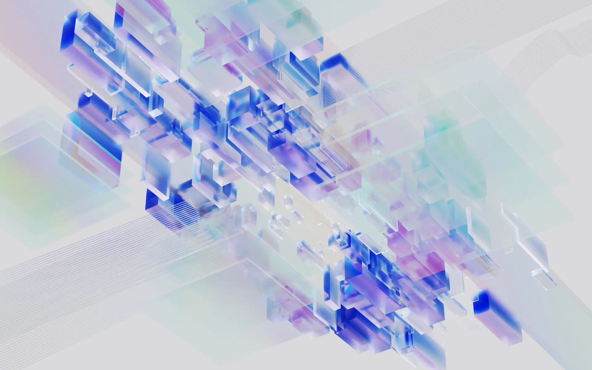 Translucent blue and iridescent geometric forms arranged in a layered diagonal structure