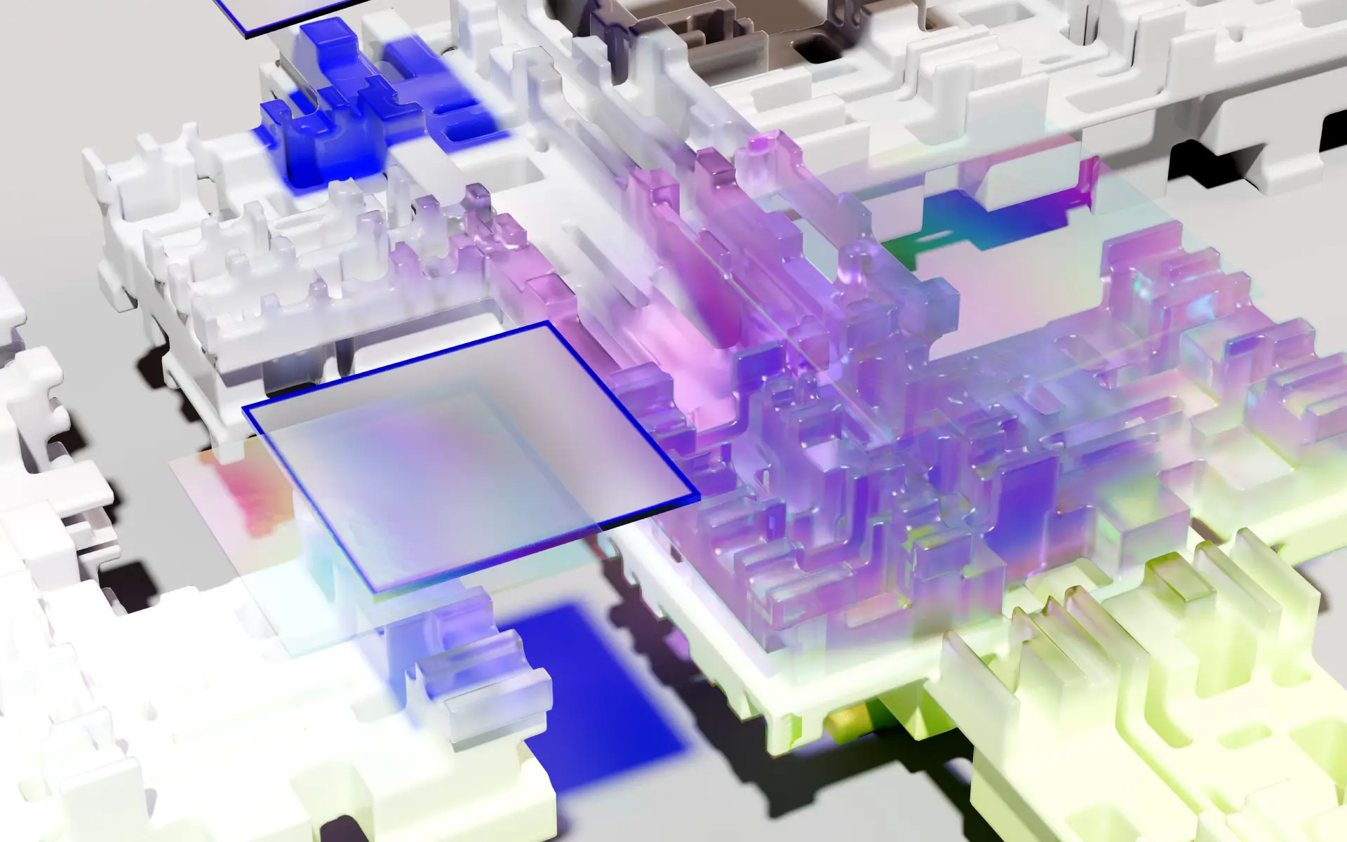 Layered translucent purple and blue geometric structures surrounding a rectangular display panel