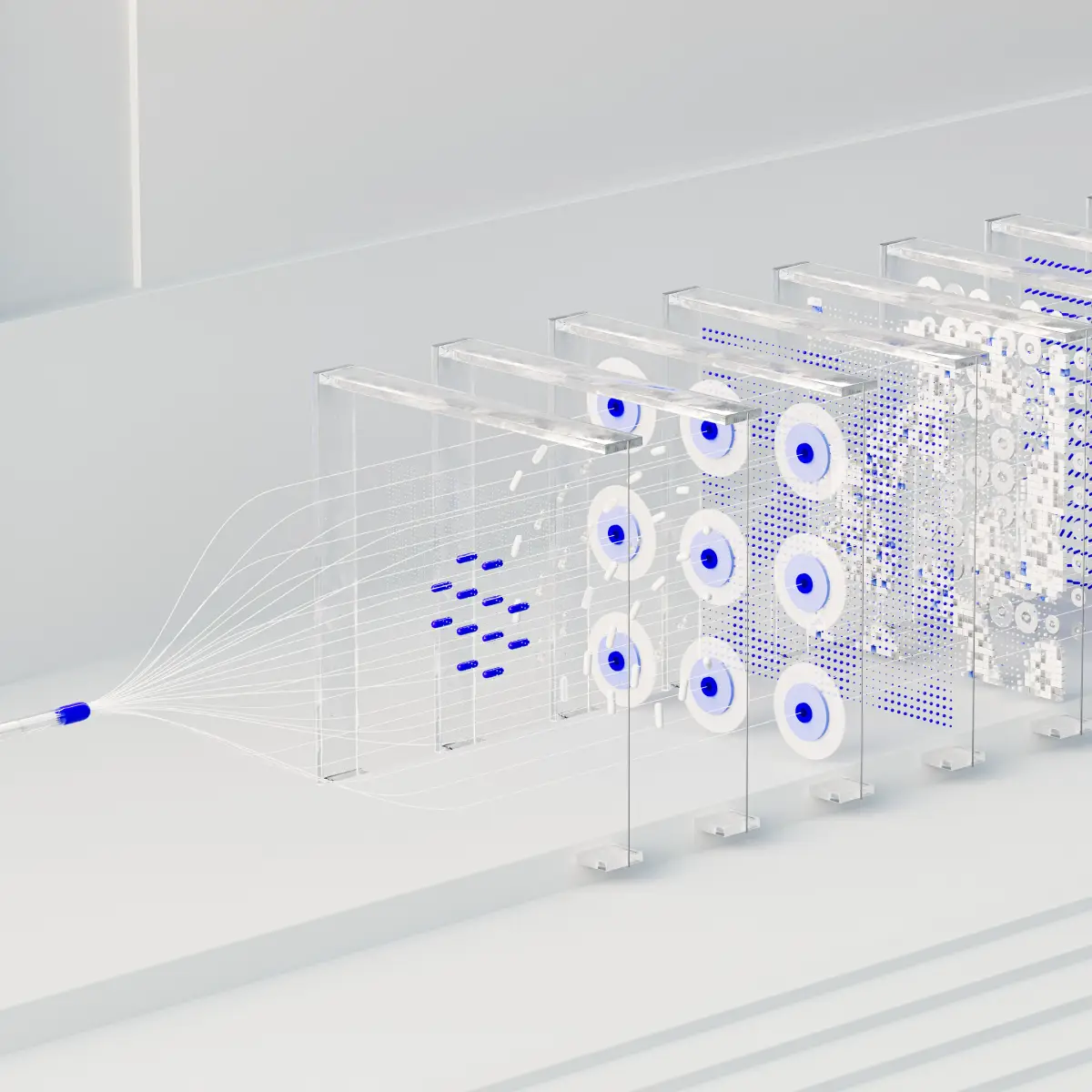 Transparent modular structures with purple circular elements and fine grids on a stepped white platform