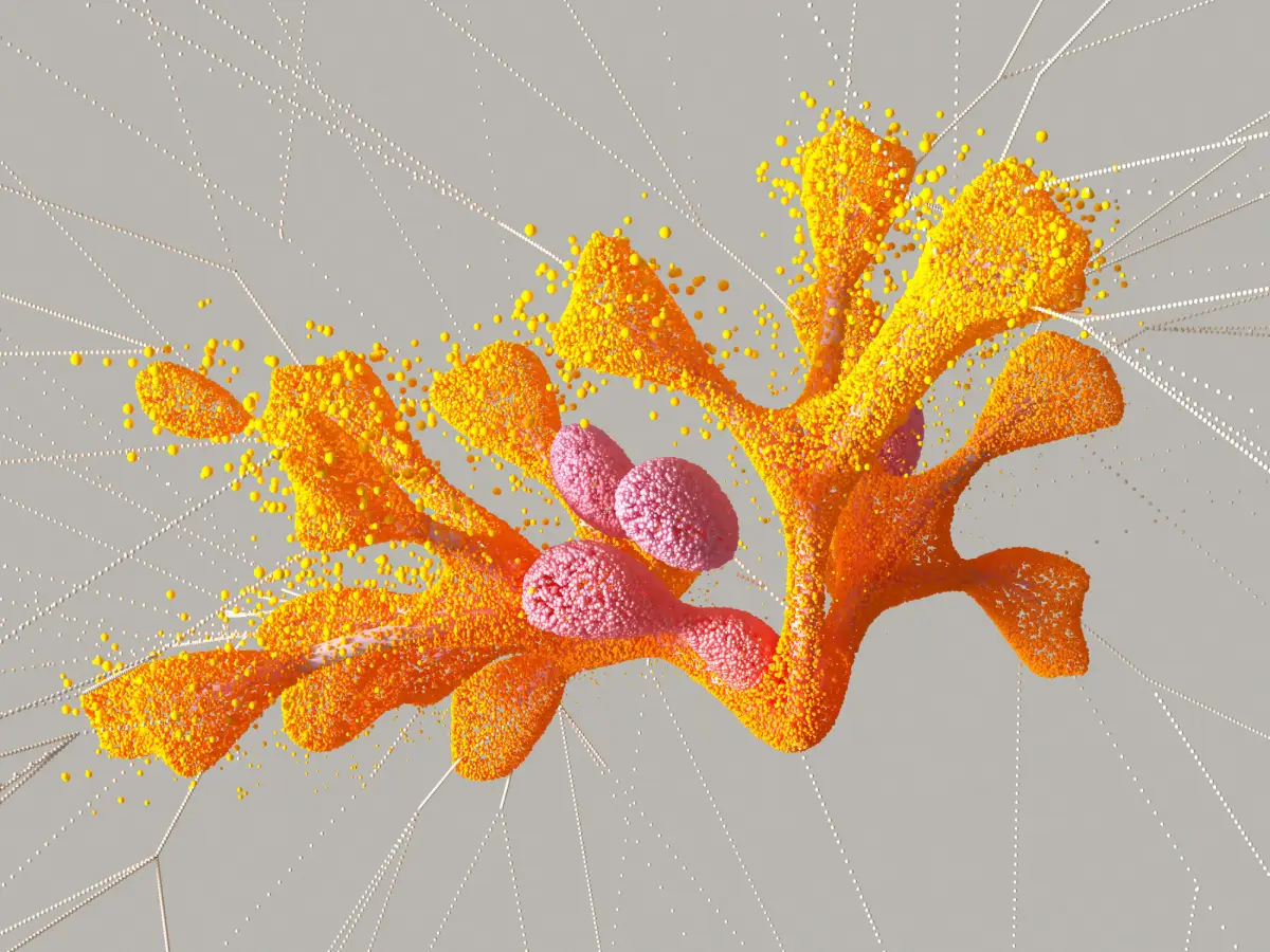 Branching orange and pink particle sculpture crossed by fine connecting lines