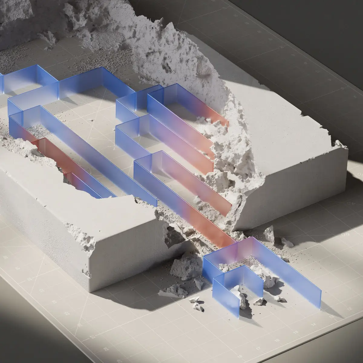 Blue and orange translucent pathways passing through a cutaway white architectural structure