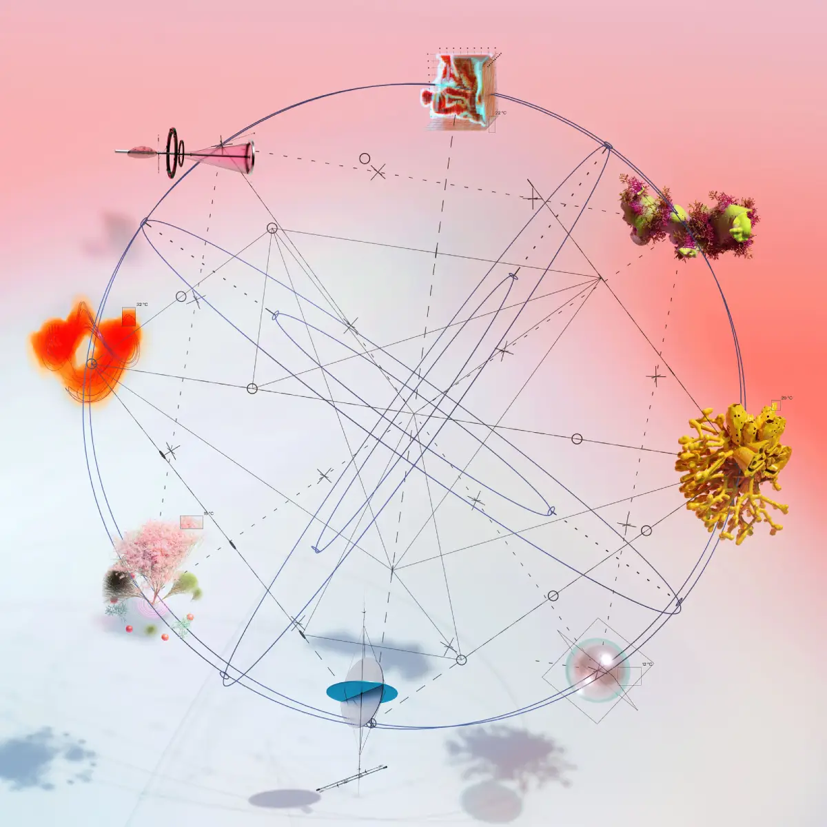 Colourful abstract objects connected by fine lines around a circular frame on a pink background