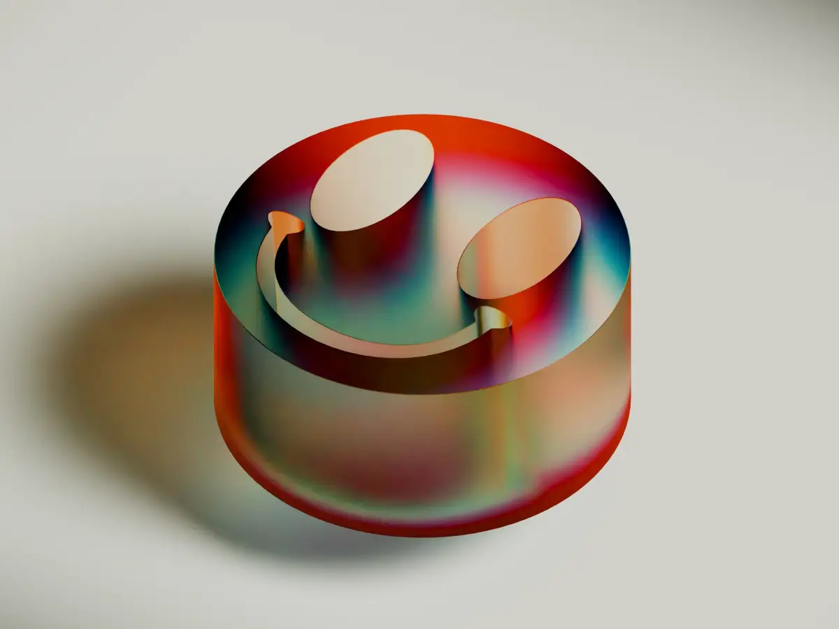 Glossy iridescent rounded sculpture with two circular openings