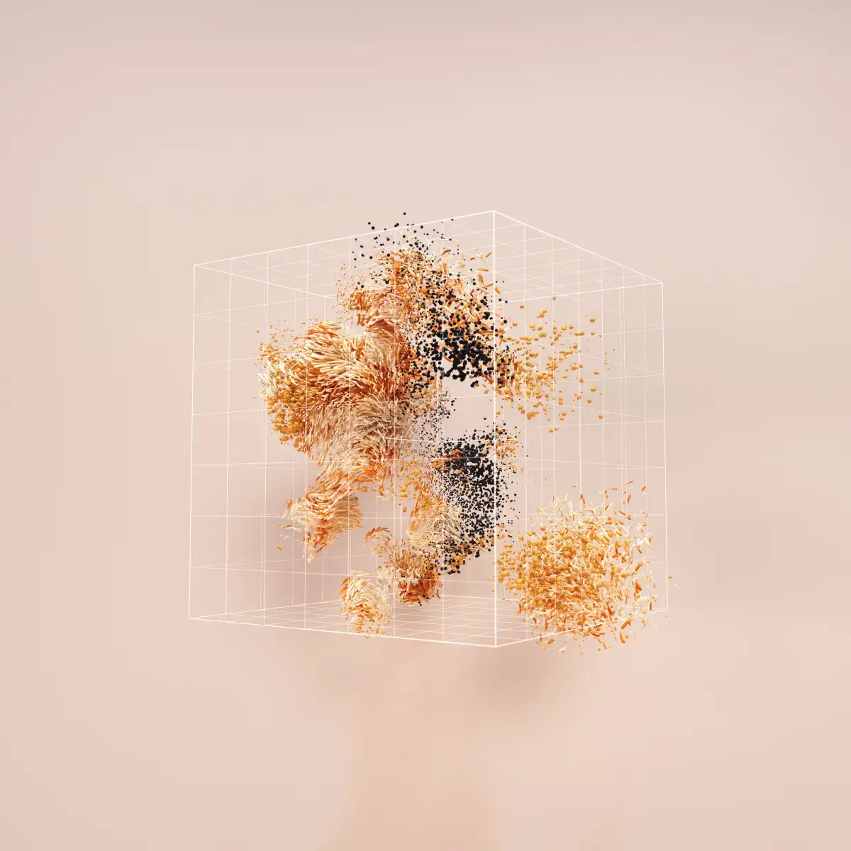 Orange and pale particle clusters suspended within a fine rectangular framework