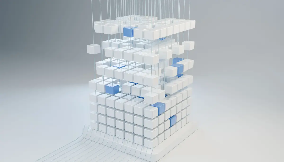 White and translucent cubes suspended in separated layers above a cubic base with blue accents