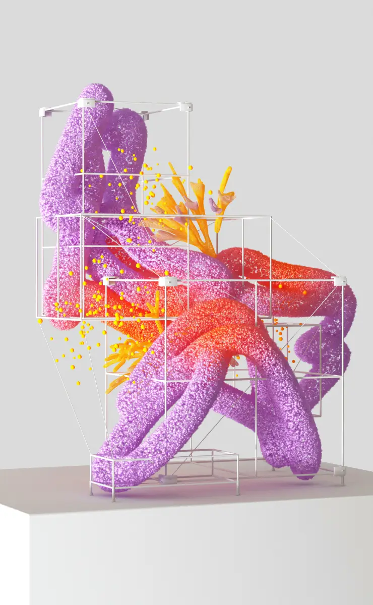 Purple abstract sculpture threaded with orange strands and surrounded by fine geometric lines