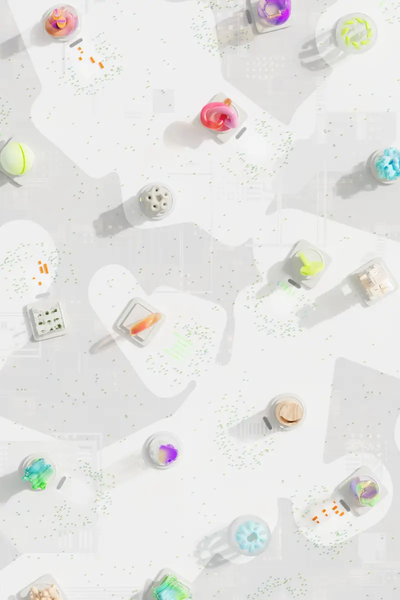 Colourful sculptural objects arranged on white geometric platforms and connected by fine lines