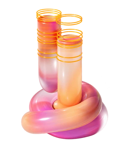Translucent orange and pink tubes rising from a glossy looped base