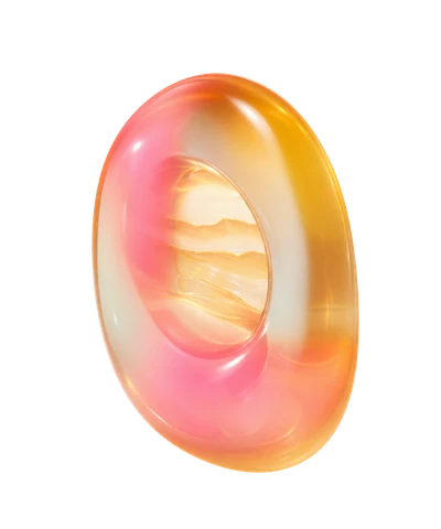 Glossy translucent oval sculpture in pink, orange and yellow