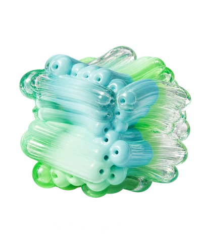 Translucent turquoise and green sculpture made of folded, ribbed forms