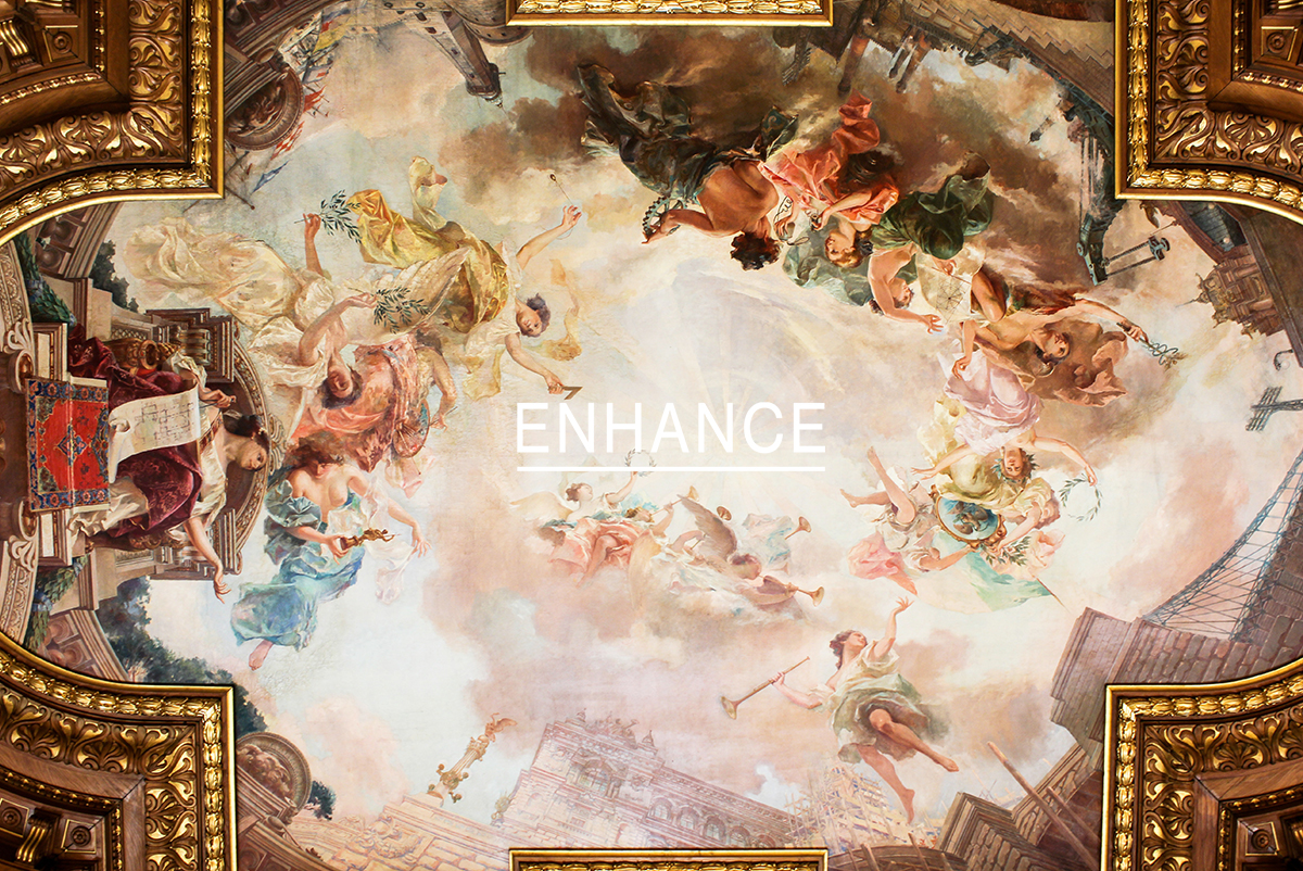 Classical ceiling fresco with mythological figures and ENHANCE branding overlay