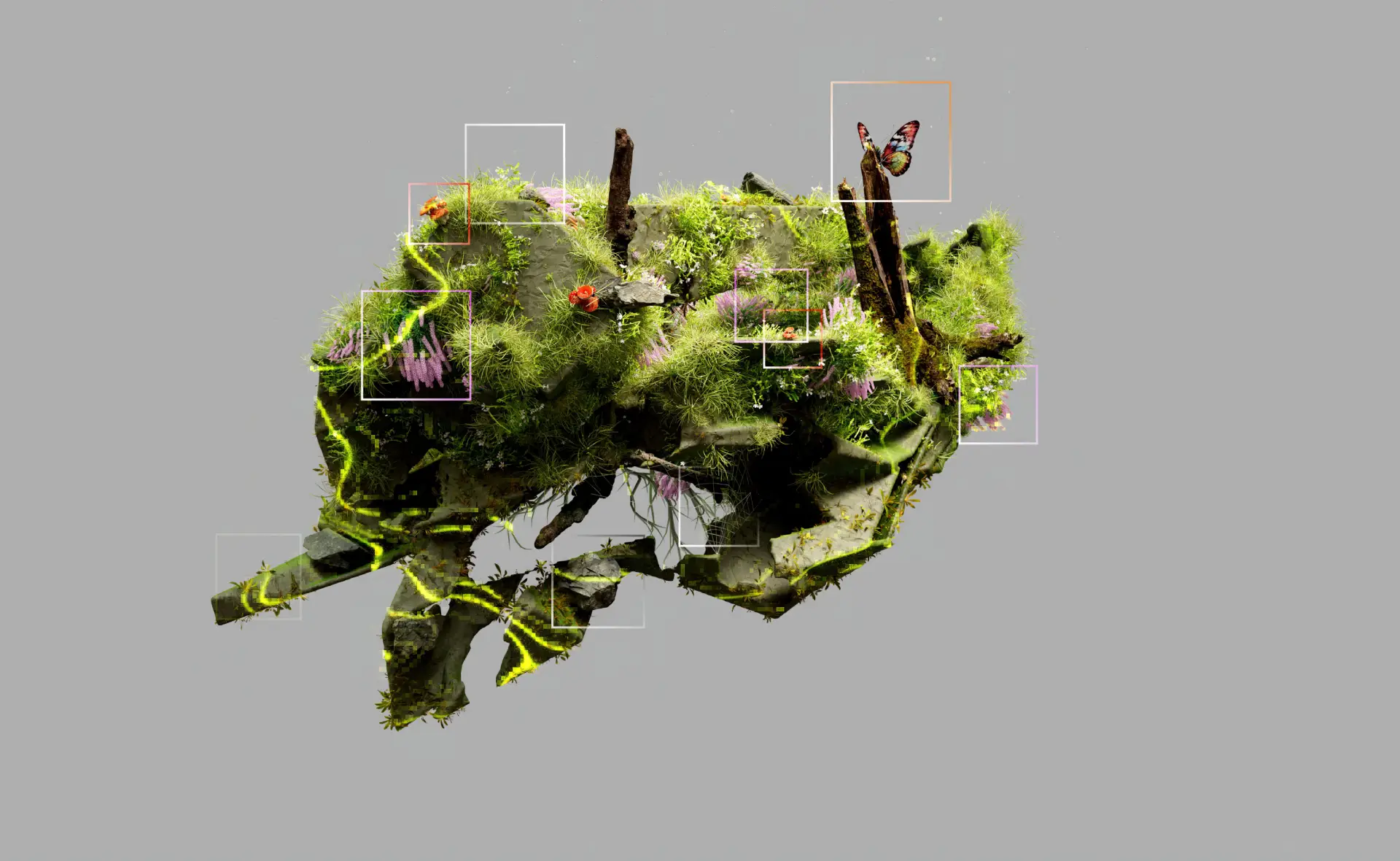 Floating moss-covered rocky island with dark upright structures and fine rectangular frames