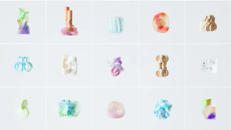 Grid of colourful translucent and sculptural objects on a pale background