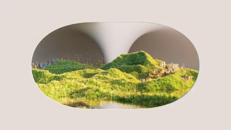 Green moss landscape seen through rounded openings in a pale sculptural structure