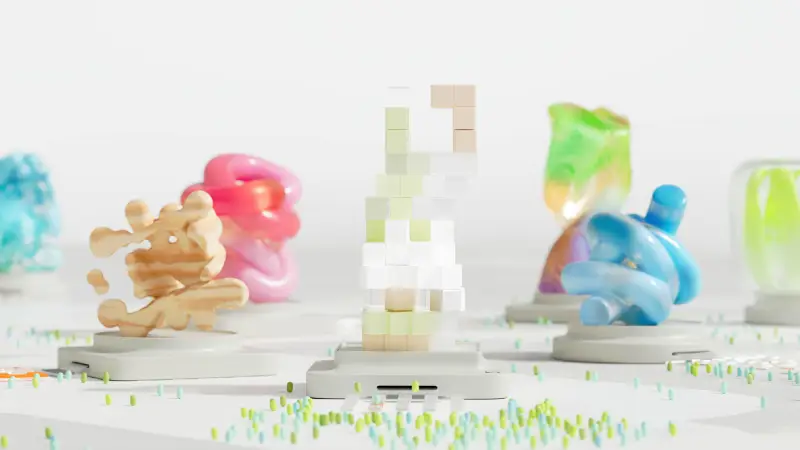 Colourful abstract sculptures arranged on white platforms around stacked geometric blocks